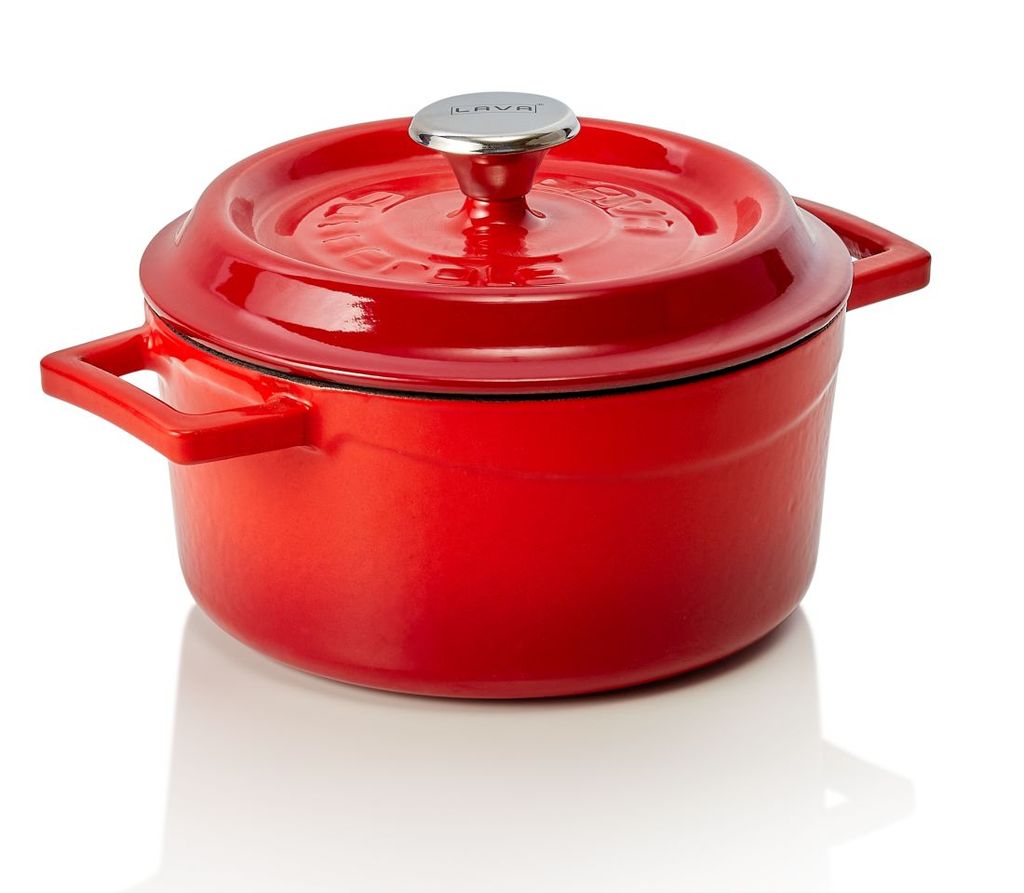 A red enameled cast iron pot with a lid and silver handle, isolated on a white background.