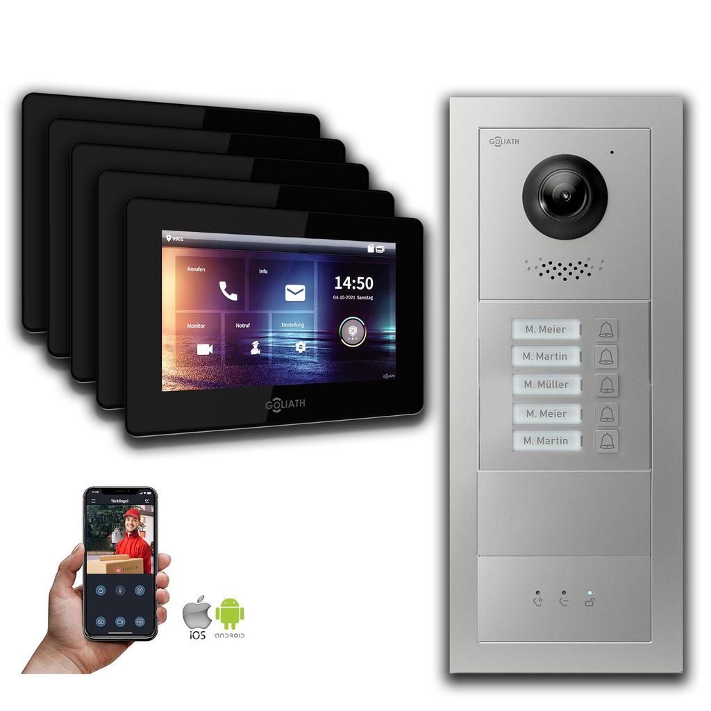 Goliath IP Video Türsprechanlage: 7-Zoll 5 Familienhaus, Blanko, Anzeige, Silber : 7 Zoll Schwarz : Aufputz Dose Monitor Farbe: 7 Zoll Schwarz Mon...