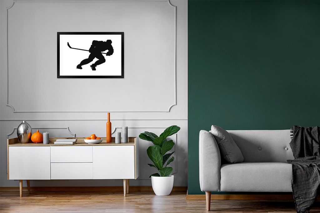 MuchoWow Gerahmtes Poster Eine Silhouette eines sprintenden Eishockeyspielers in einer Illustration 60x40 cm - Poster mit Schwarzem Bilderrahmen ...