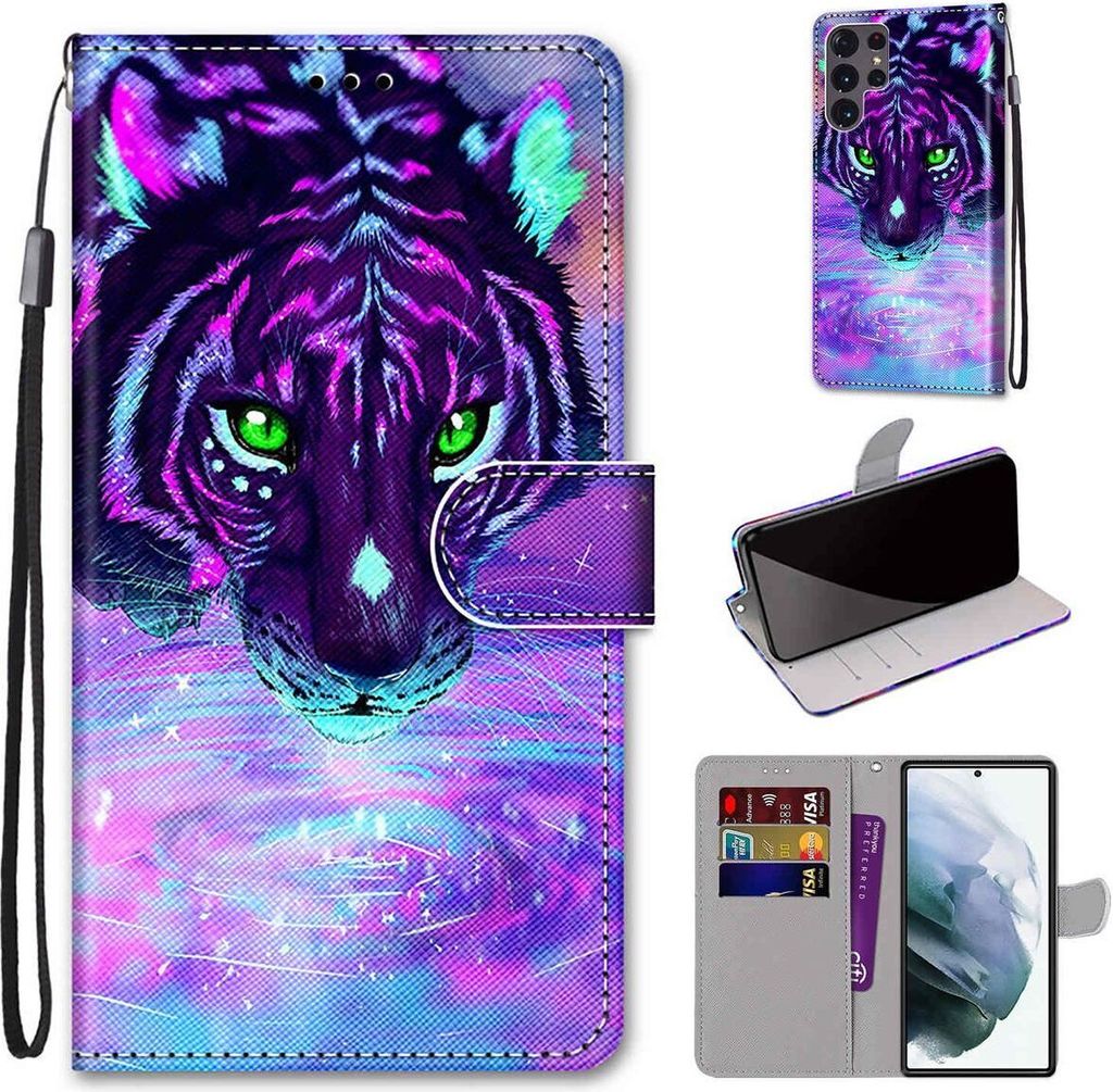 König Design Hülle kompatibel mit Samsung Galaxy S22 Ultra 5G Kunstleder Handyhülle - Handy Case Tiger trinkt Wasser