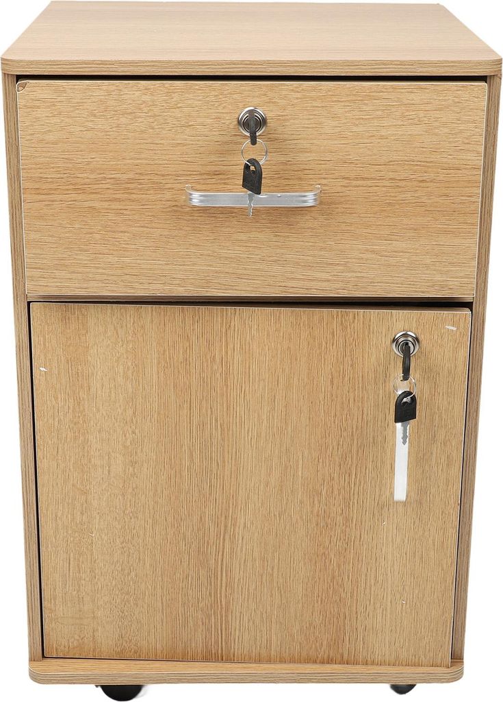 A close-up, front-facing view of a light brown, wooden mobile filing cabinet with one drawer and one cabinet door, both featuring locks and keys.
