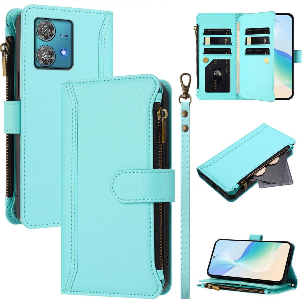 Handyhülle für Motorola Moto Edge 40 Neo Reißverschluss Geldbörse Kunstleder Klapphülle mit Kartensteckplatz, Ständer, Handschlaufe Türkis