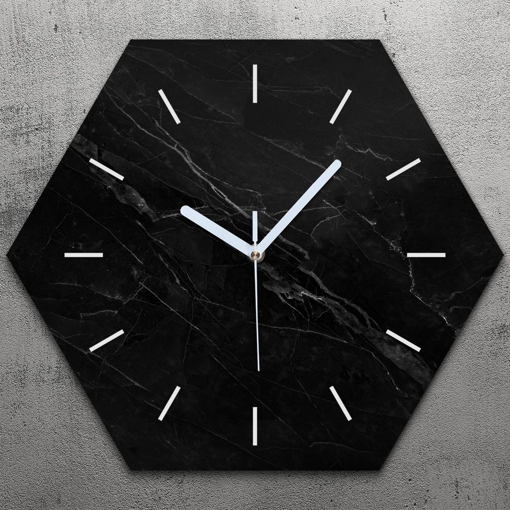 Uhr hexagonal 40 cm Glas Geräuschlos weiße Zeiger - schwarz Marmor