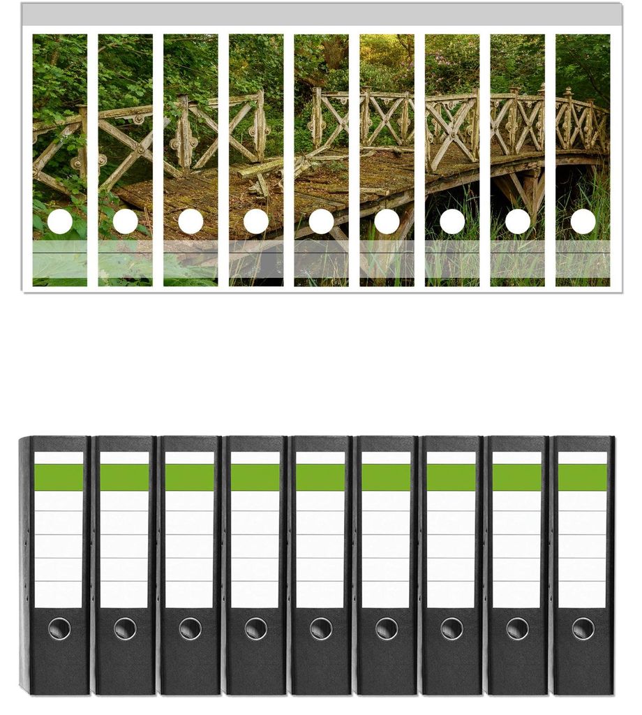 Wallario 9 Stück breite Ordner inkl. Klebeetiketten mit Motive Verwunschene Brücke - Set mit Rückenschildern / Ordnerrücken Stickern