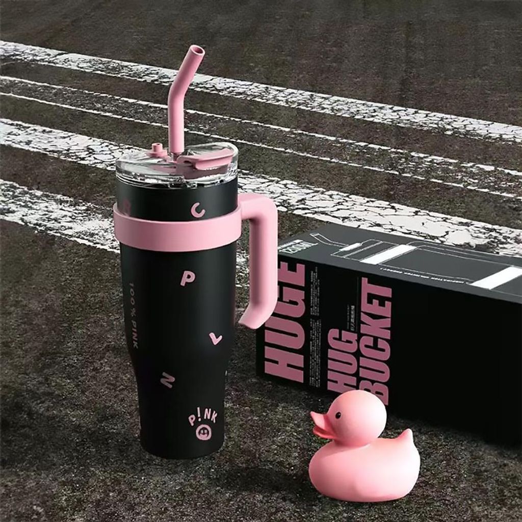 Thermobecher Reisebecher Großvolumiger Thermobecher Mit Tragegriff Thermobecher mit integriertem Strohhalm Schwarz 1200ml /HSXGB2/