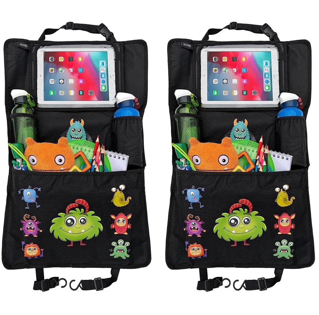 2x HECKBO Kinder Auto Rückenlehnenschutz Organizer mit verstellbarer Tablet Tasche mit Touch Folie für bis 20" – Monster Motiv - universal pass...