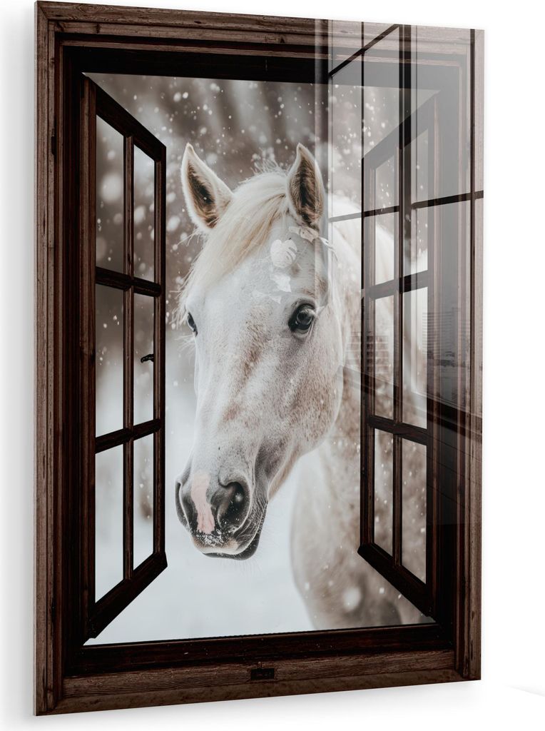 MuchoWow Glasbilder - Bilder auf Wandbild - Foto auf Glas Durchsichtig - Pferd - Weiß - Winterlandschaft - Schnee 30x40 cm Wanddekoration aus Glas...