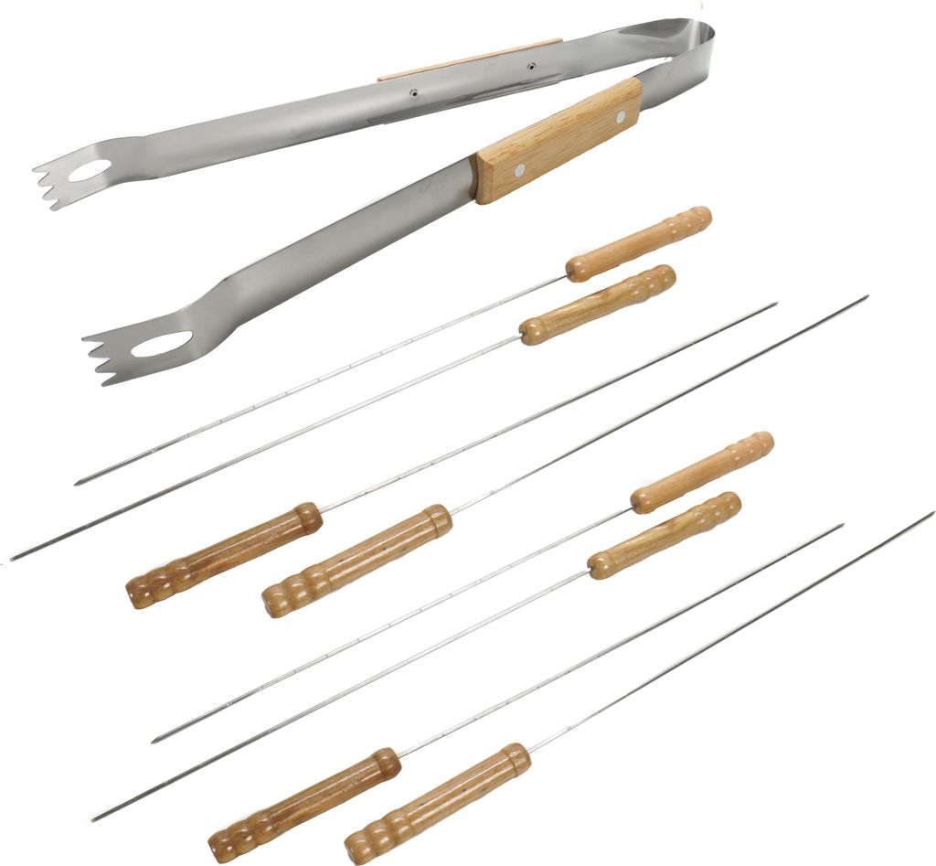 Grillzange aus Edelstahl mit Eichengriff und 8 Luxus-Grillspieße, Zange ca. 39 cm lang mit Zacken zum Halten, Grillspieße mit Holzgriff für Flei...