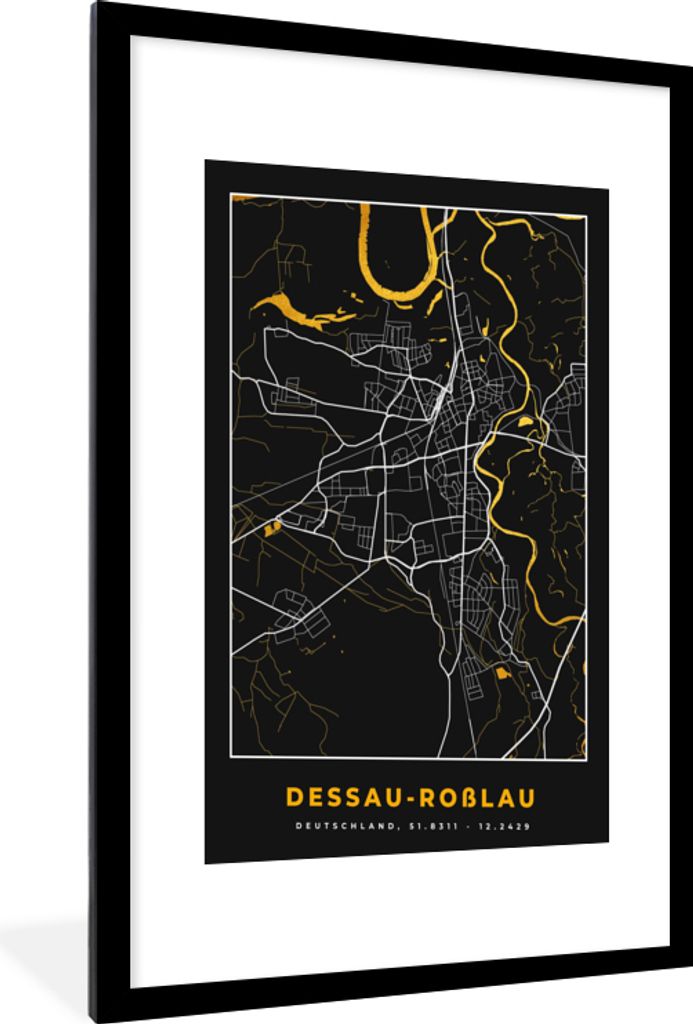 MuchoWow Gerahmtes Poster Schwarz und Gold - Stadtplan - Desseau Roßlau - Deutschland - Karte 60x90 cm - Poster mit Schwarzem Bilderrahmen Wandp...