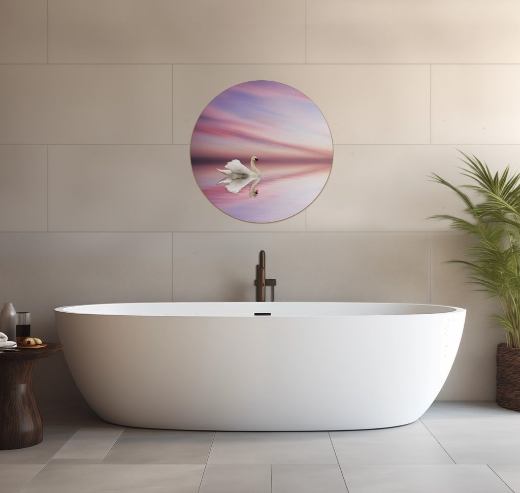 Wallario wasserfestes Poster selbstklebend 60 x 60 cm, Weißer Schwan im rosafarbenen See, Badezimmerposter Spritzschutz mit Hochglanzoberfläche i...