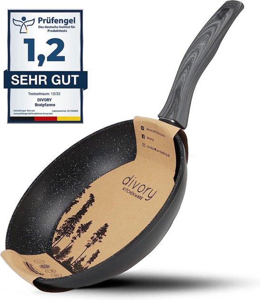 Induktionspfanne Aluminium 24cm mit Deckel Medium Camping Kochset mit hohen Randen in Grau und Holzoptik