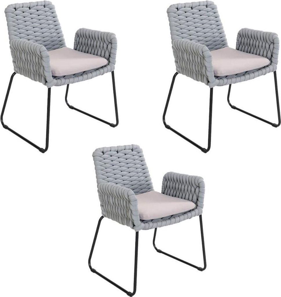 HOME DELUXE Gartenstuhl mit Armlehnen aus Seilgeflecht BALERO Hellgrau - 3er Set | Seilbespannung, Seilgewebe, Outdoor-Stuhl, Robust, Sitzkomfort, ...