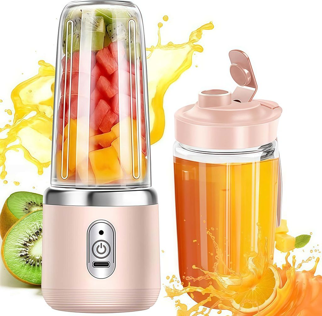 Tragbarer Mixer, 400ML USB Wiederaufladbar Mixer, Smoothie Maker to go, Mini-Mixer mit 6 Klingen, Mini Entsafter Fruchtsaft, Rosa