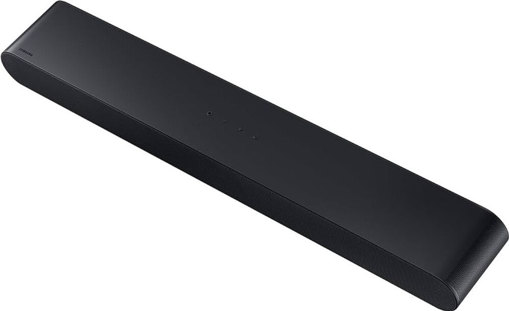 A black soundbar is shown from a diagonal top-down perspective against a white background.