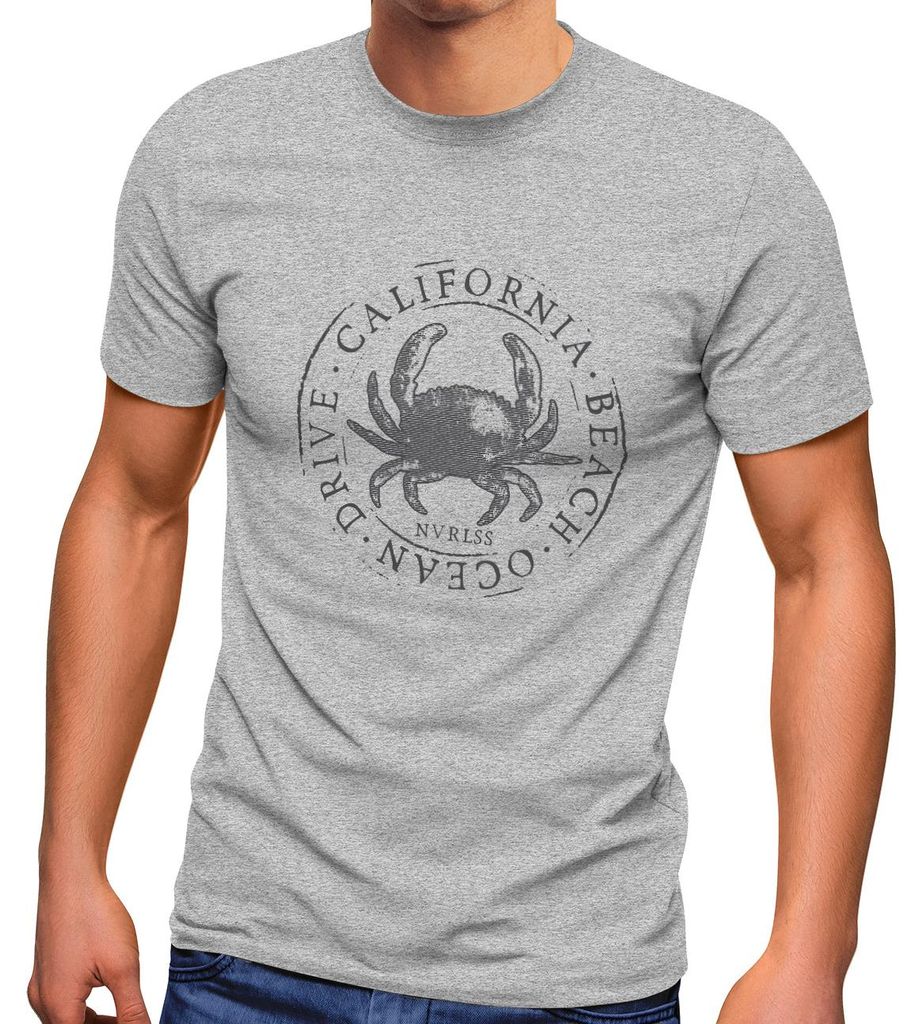 Herren T-Shirt California Beach Crab Krabbe Krebs Ocean Drive Sommer Fashion Streetstyle Neverless grau S
