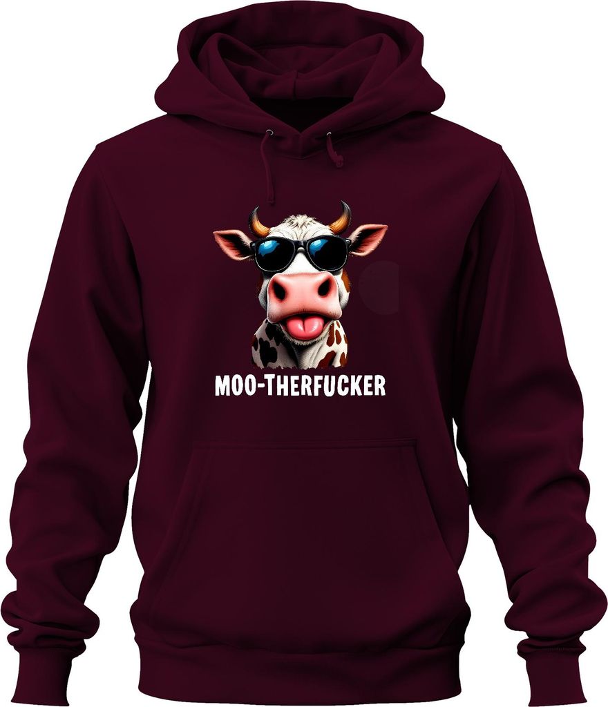 MOO-THERFUCKER Lustige Kuh Bauernhof Sonnenbrille Frech Humor Uni Hoodie Kapuzenpullover, Burgundy, S