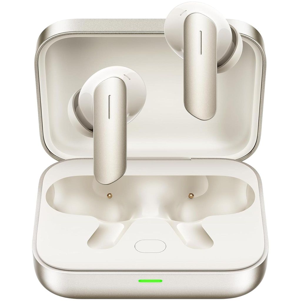 A pair of gold and white true wireless earbuds are shown inside their charging case, which is open. The charging case is also gold and white.