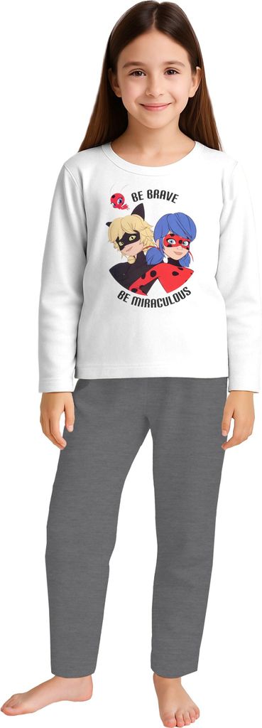 Miraculous Schlafanzug für Mädchen - Ladybug Kinder Pyjama Set Langarm Oberteil mit Hose Weiß/Grau 134-140