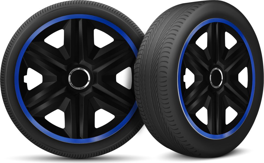 Auto Radkappen Radzierblenden 4er Set passend für alle Stahlfelgen - einstellbarer Sicherungsring - 14 Zoll - Schwarz Blue