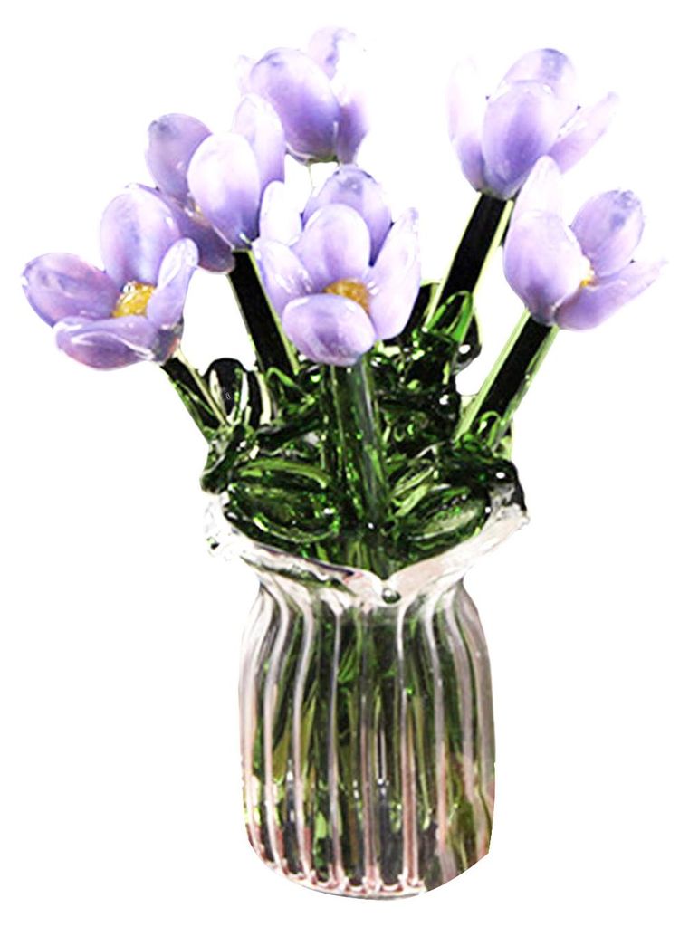 Glasblumenstrauß mit Vase, mundgeblasene Mini-Blumendekoration für Wohnzimmer, handgefertigtes künstliches Blumenornament mit Stiel