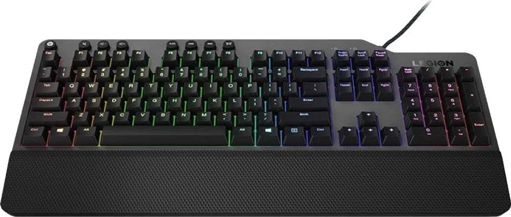 A top-down view of a black and grey Lenovo Legion K500 keyboard with RGB backlighting.