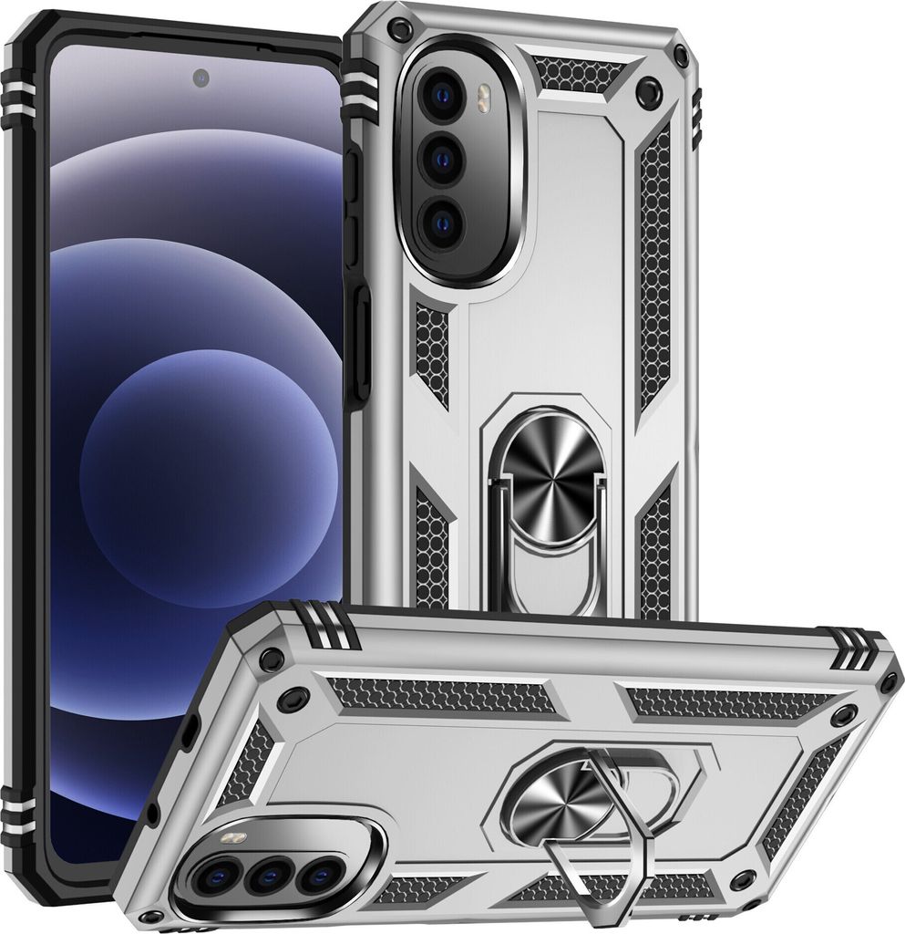 Moto G52 Hülle, Dual Layer Robust Militäre Schutzhülle mit Ringhalterung Ständer für Motorola Moto G52 Silber