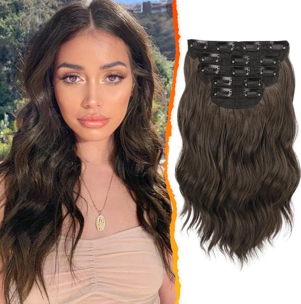 Clip in Extensions 35cm Wellige Braun Haarverlängerung 5PCs Produktbild 