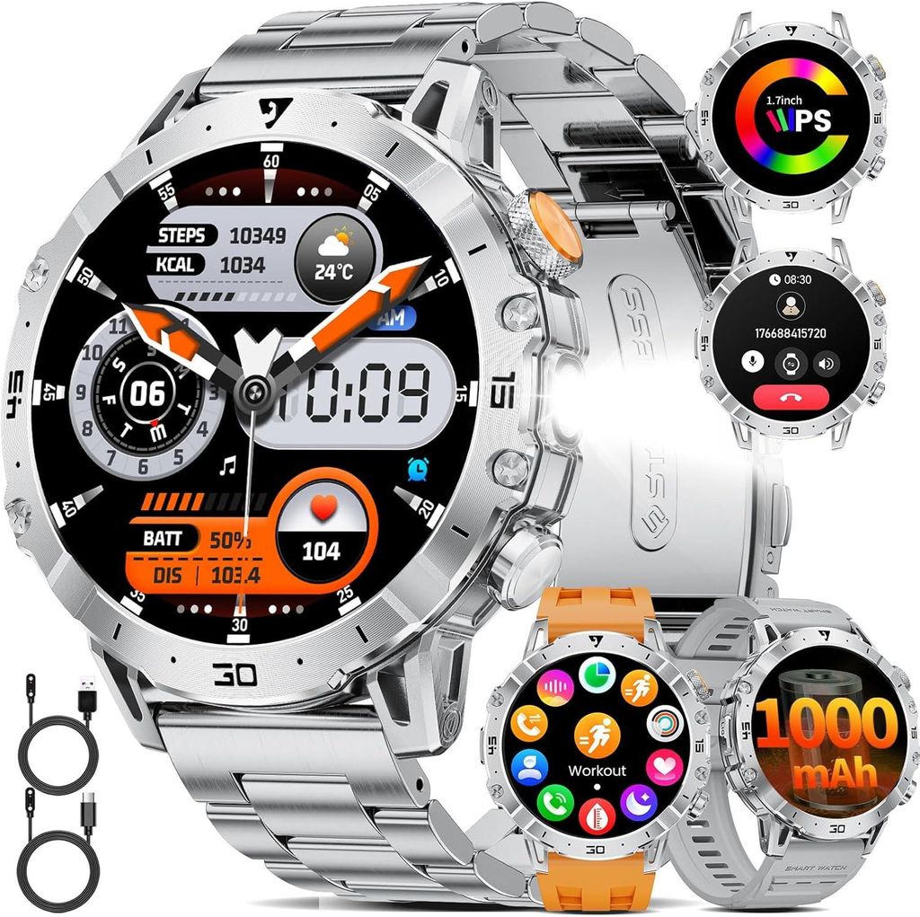 Herren Smartwatch mit Telefonfunktion, 1000 mAh Akku, 1,7 Zoll HD Display, LED-Taschenlampe, 110+ Sportmodi, IP68
