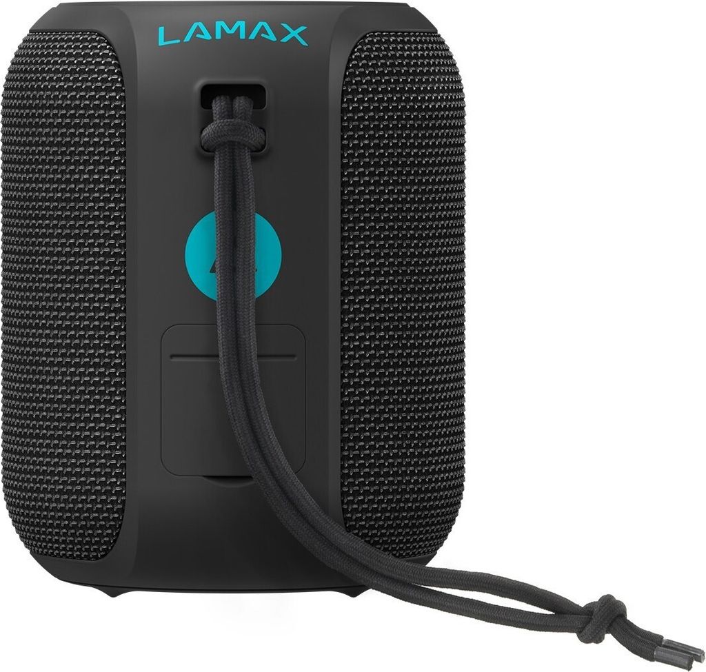 A black LAMAX Sounder2 Mini speaker with a blue logo and a black cord.