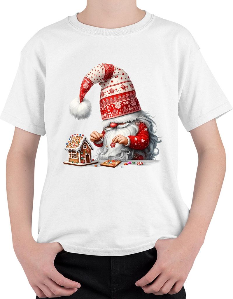 Weihnachtswichtel mit Lebkuchenhaus niedlich Basteln Weihnachtsdeko Uni Kinder T-Shirt, Weiß, 128