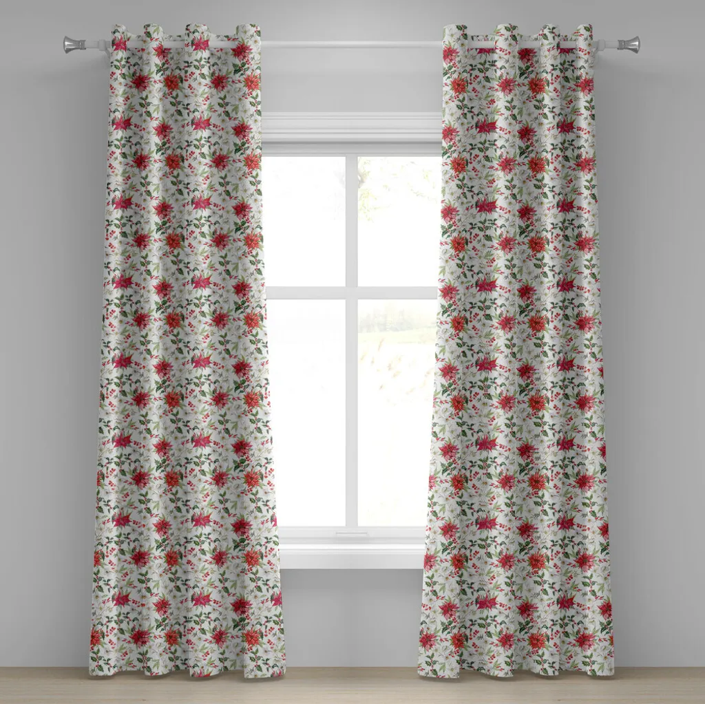 ABAKUHAUS Tenda con occhielli acquerellata, freschi fiori di poinsettia e bacche di sorbo ramificate Giardino natalizio, tende decorative a 2 pannelli per finestre, 280 cm x 245 cm, verde vermiglio magenta