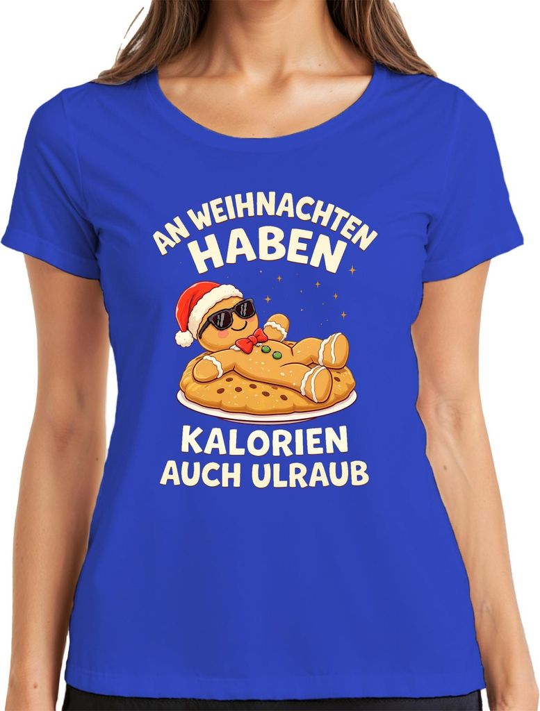 An Weihnachten haben Kalorien auch Urlaub Lebkuchenmann Geschenk Damen T-Shirt, Blau, XL