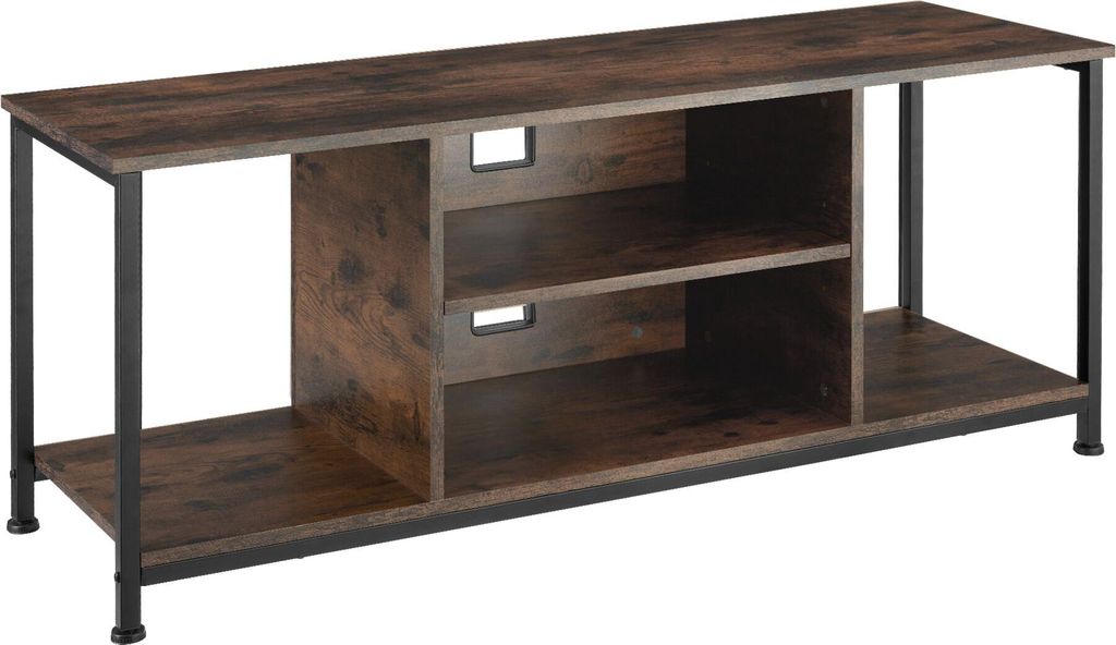 A TV stand with shelves and a dark wood grain finish with black metal legs, shown against a white background.