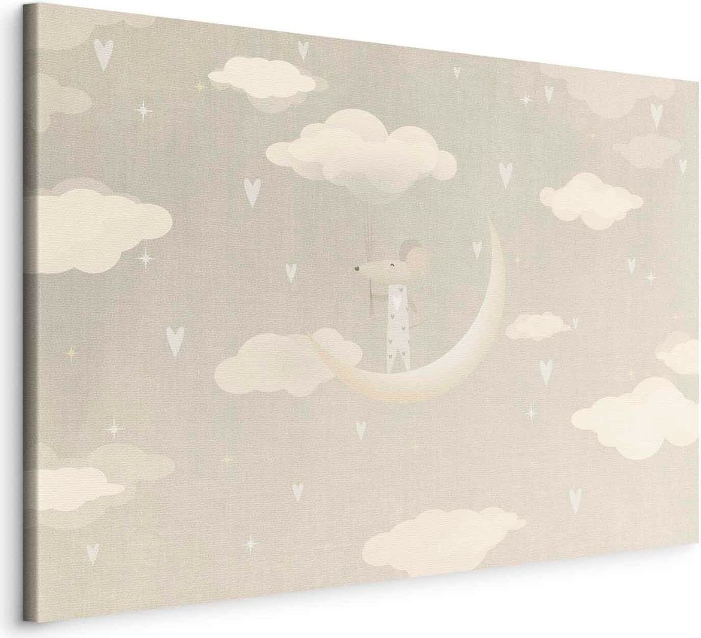 Italienischer Leinwand Leinwandbild - Little Conqueror - A Mouse in Heart Pajamas on the Moon Among Clouds 90x60 cm Für Kinder e-A-10136-b-a