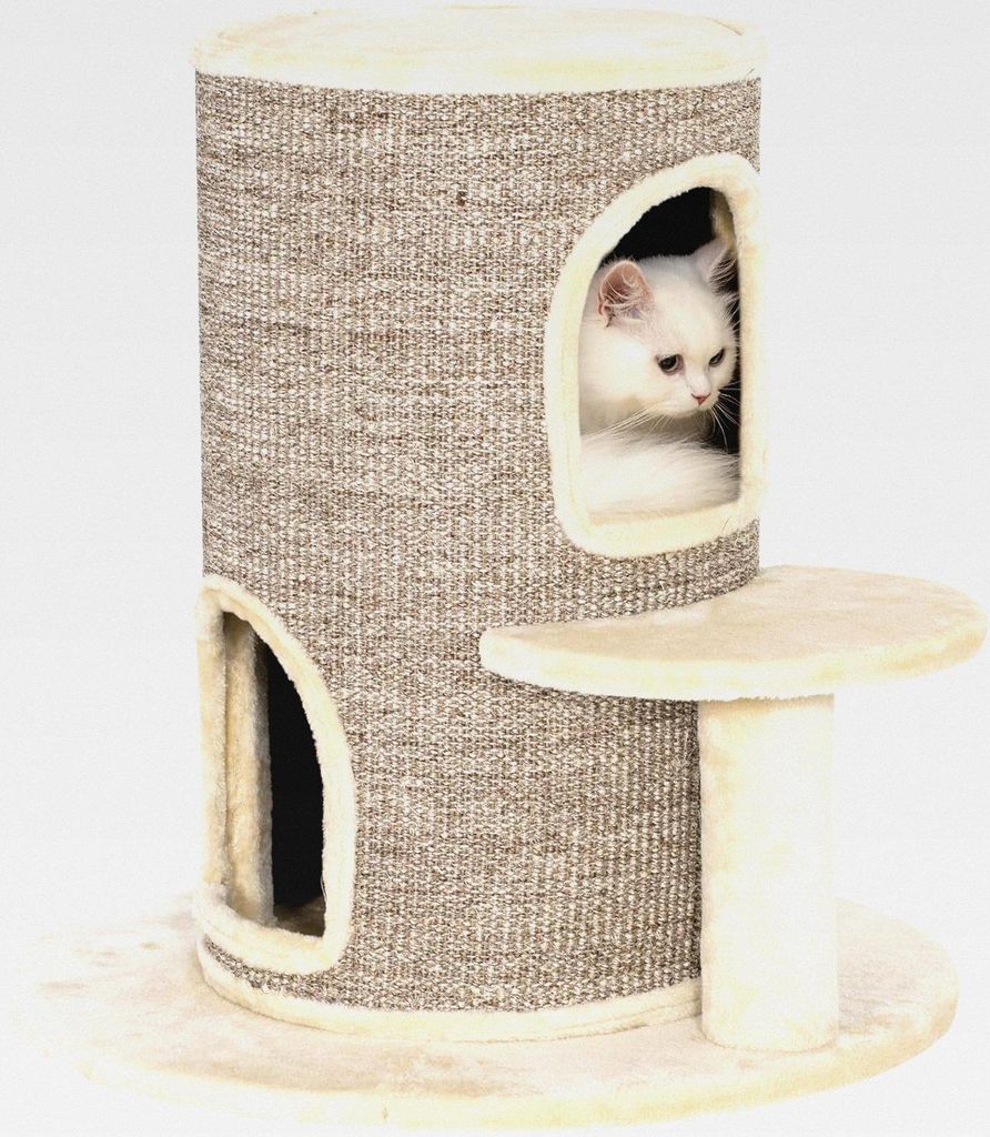 Kratztonne für Katzen, 61 cm Hoch Katzentonne mit 2 Höhlen, Kratzbaum mit Sprungplattform, Katzenturm aus Sisal, Plüsch, für kleine Katzen Beige