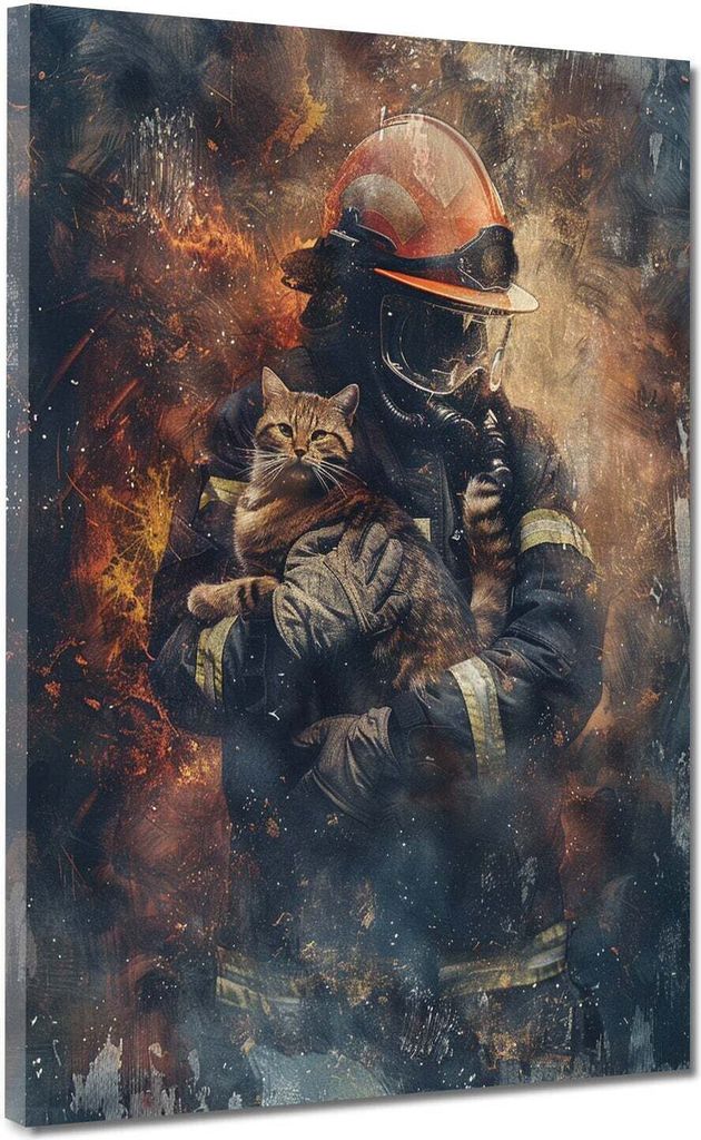 Feuerwehrmann im Einsatz Leinwandbild Wandbild Kunstdruck XL Wanddeko: 75x100x4cm