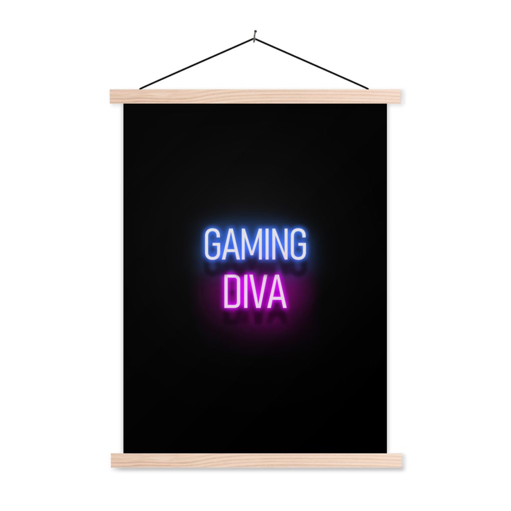 MuchoWow Textilposter Gaming - Zitate - Neon - Gaming-Diva - Frauen 60x80 cm mit holzfarbenen Rahmen - Wandbild