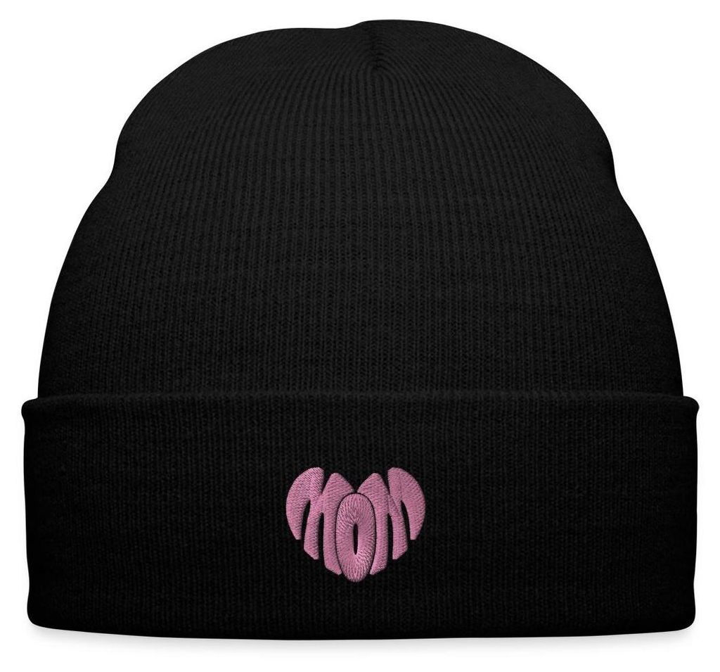 Spreadshirt Stickerei Mom Pinkes Herz Bestickte Wintermütze, One size, Schwarz