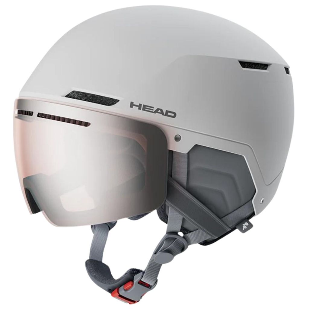 A white ski helmet with a silver visor.