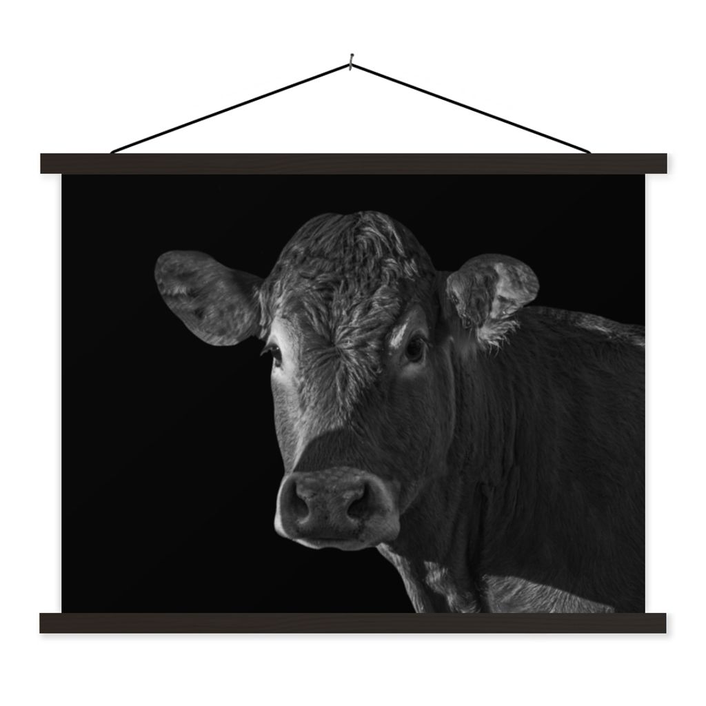 MuchoWow Textilposter Kuh - Tiere - Schwarz - Weiß - Porträt 120x90 cm mit schwarzem Rahmen - Aufhänger für Poster