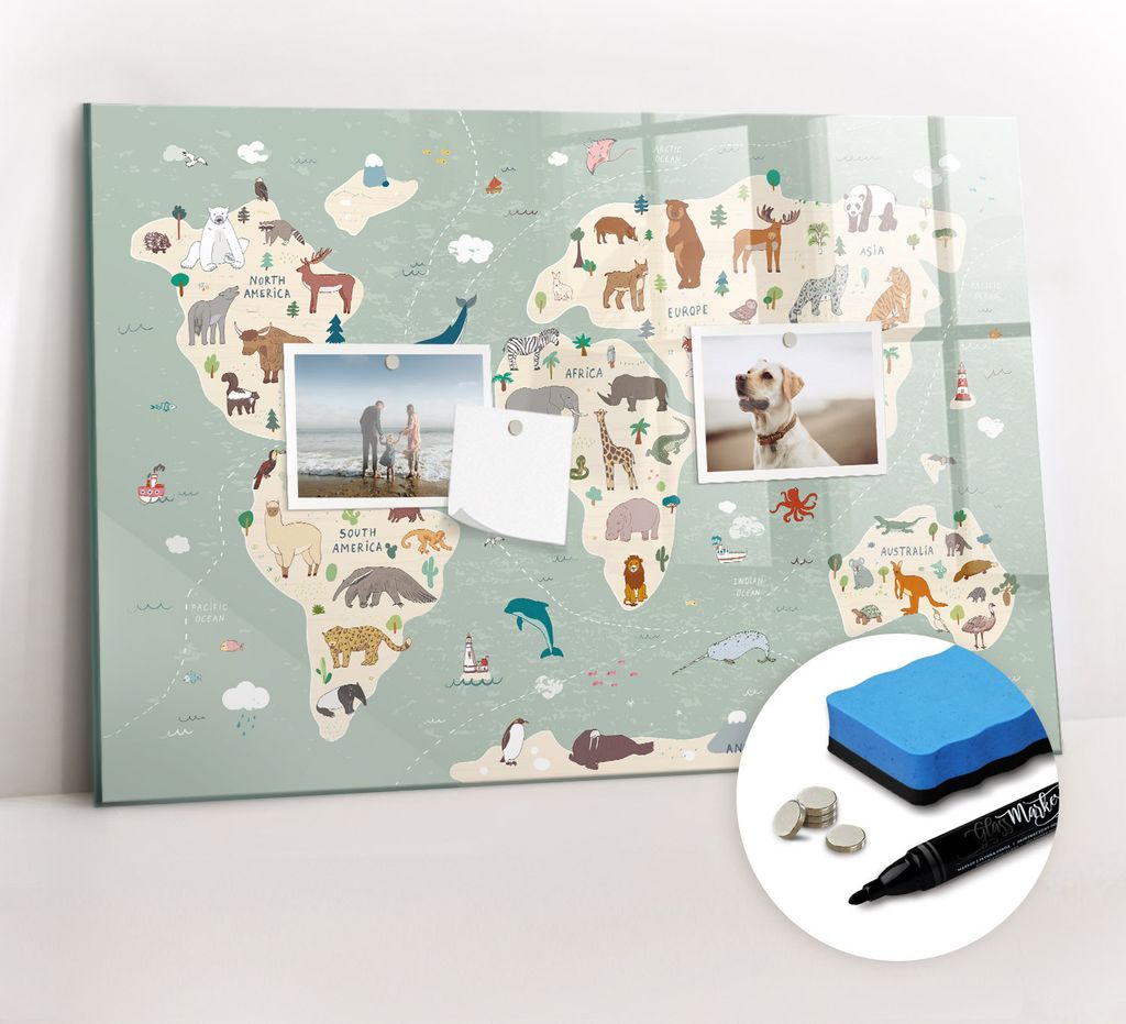 Magnetpinnwand Memoboard - Zubehörsatz - Schwarzer Marker + Schwamm + Magnete - 60 x 40 cm - Tierkarte der Welt
