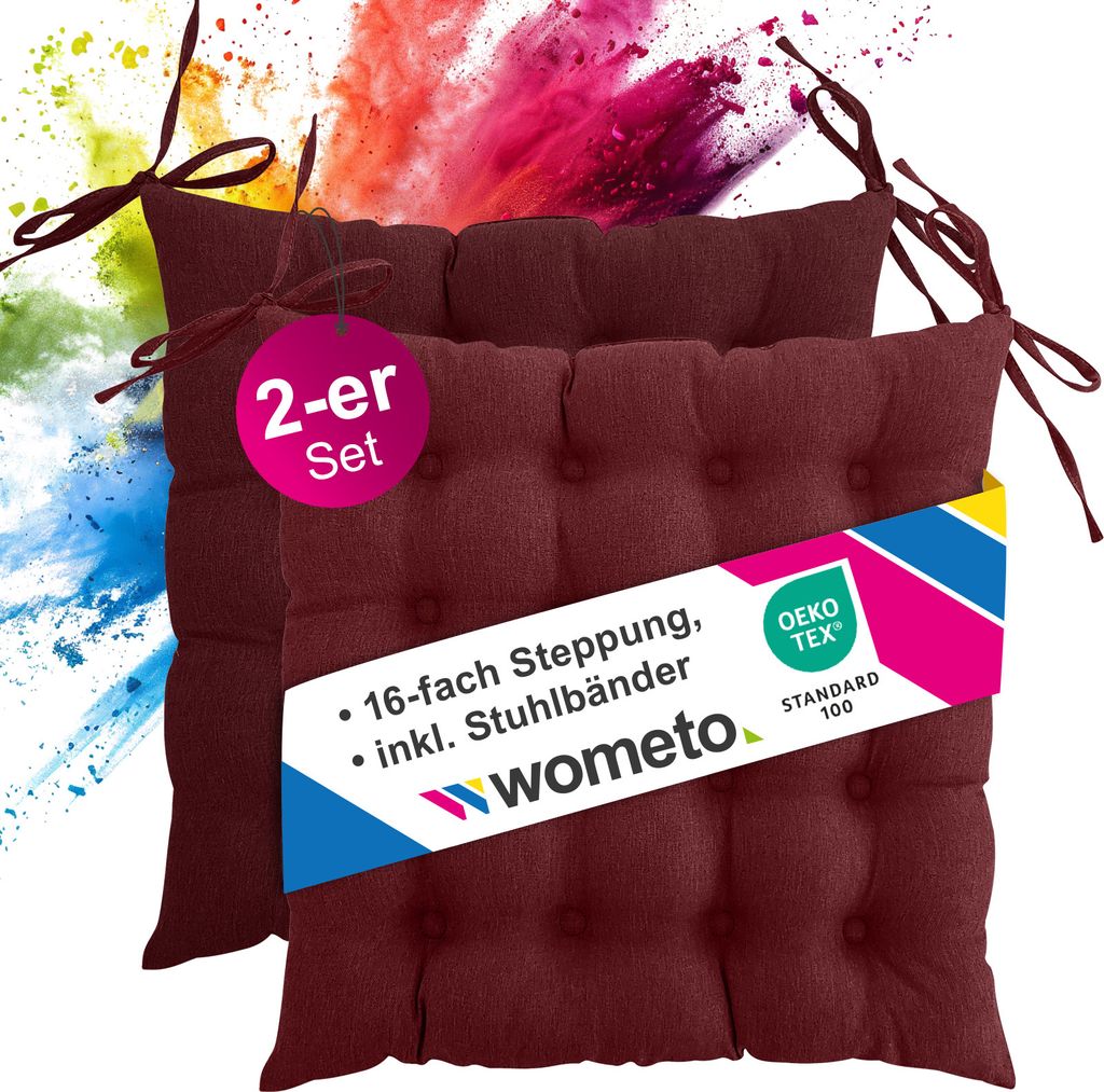 2er Set Sitzkissen Stuhlkissen 40x40 OEKO-TEX - dunkelrot weinrot Sitzauflage Bank Polster Sitzpolster mit Bändern / Schleife, Indoor / Outdoor