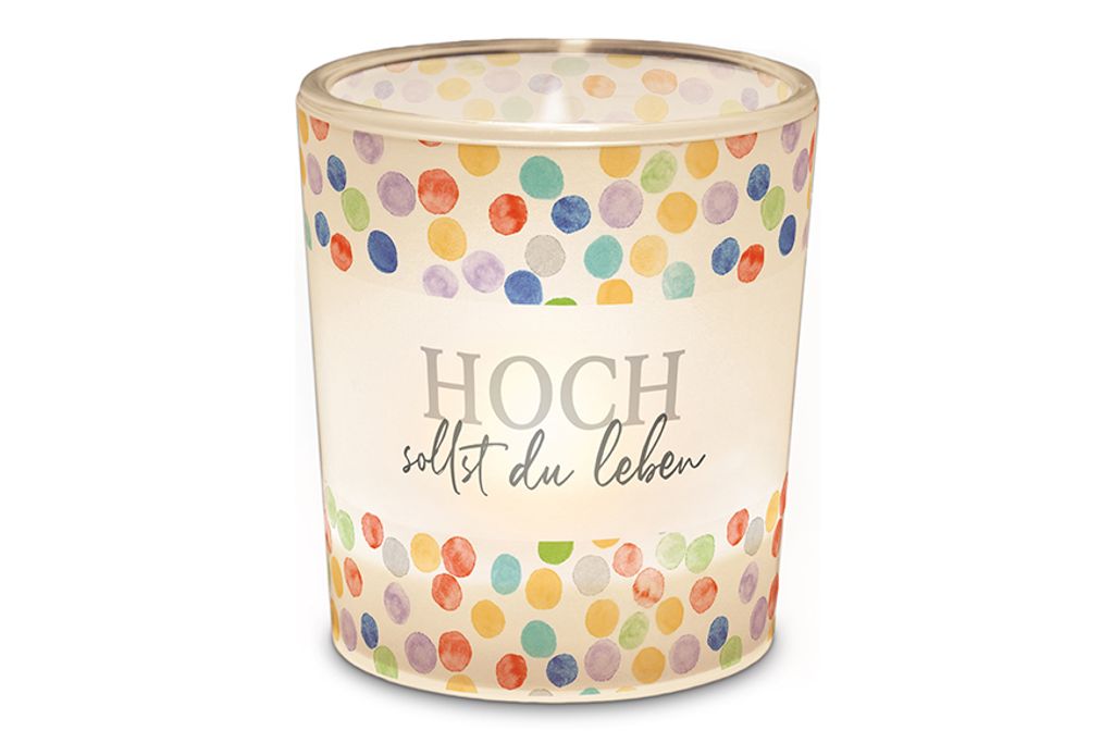 Geburtstagskerze, Kerze im Glas, mit Aufdruckt Hoch sollst Du leben, Geschenk zum Geburtstag