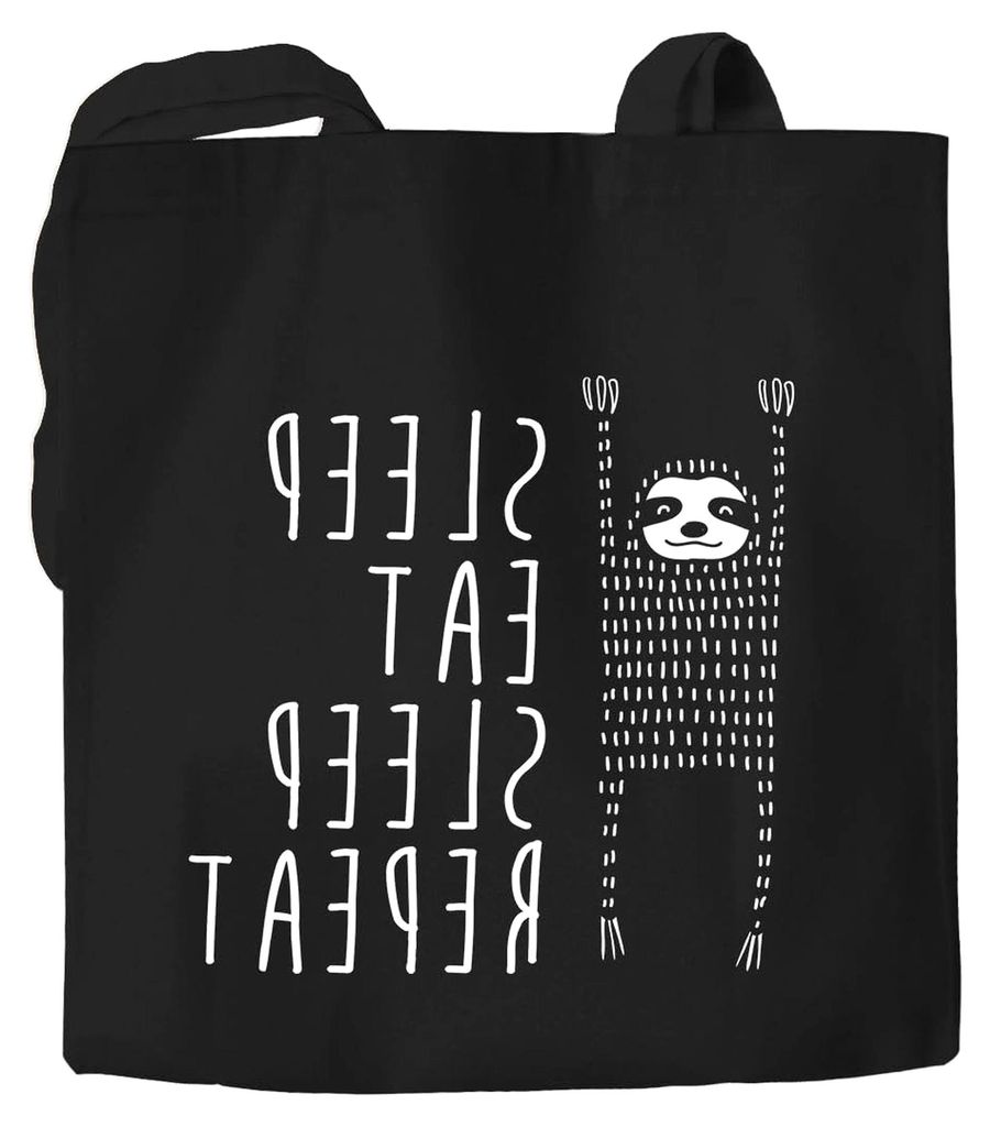 Jutebeutel Sleep Eat Sleep Repeat Faultier Baumwollbeutel Stoffbeutel schwarz 2 lange Henkel