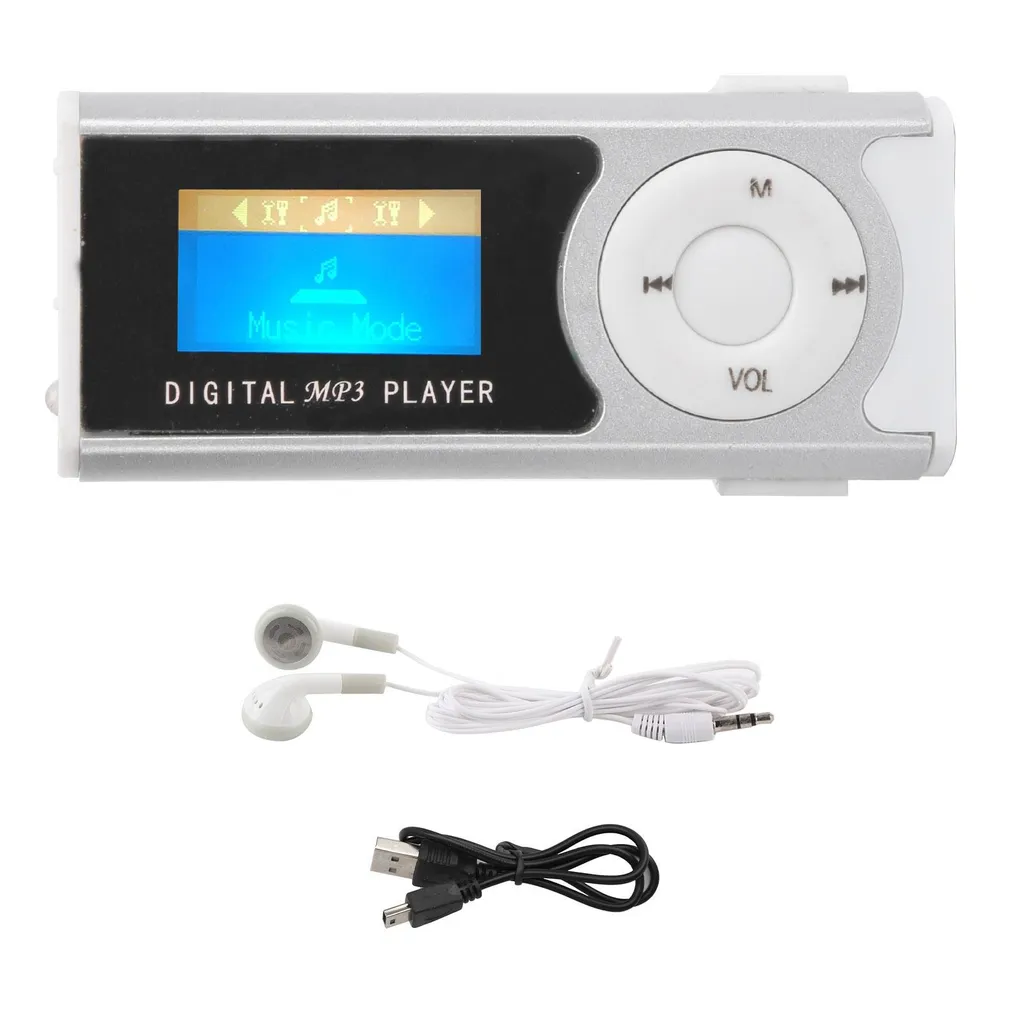 Mini Lettore Musicale MP3 LCD Argento con Torcia LED e Clip