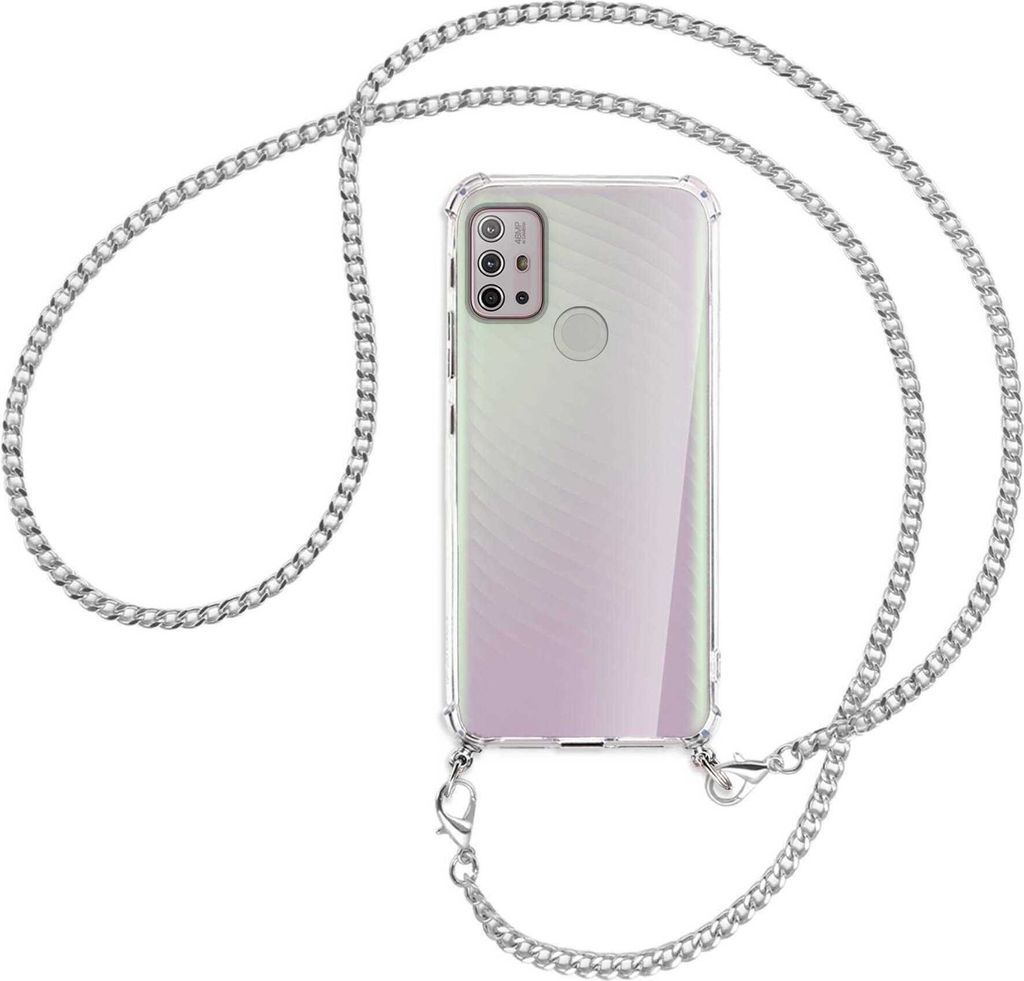 Handykette Backcover-Schutzhülle mit Band (Metall silberfarben) für Motorola Moto G10 (Power), G20, G30 - silberfarbene Kette