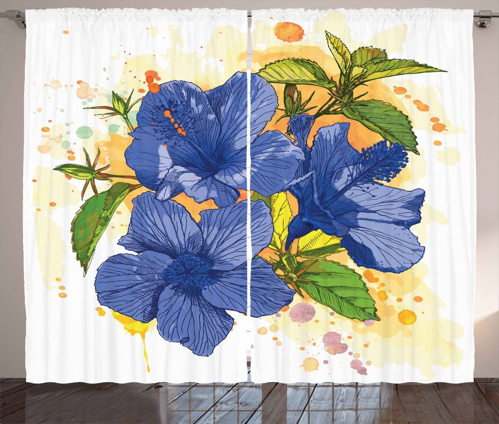 ABAKUHAUS Tropisch Rustikaler Gardine, Hibiscus Exotische Kunst, Schlafzimmer Kräuselband Vorhang mit Schlaufen und Haken, 280 x 175 cm, Violet Bl...
