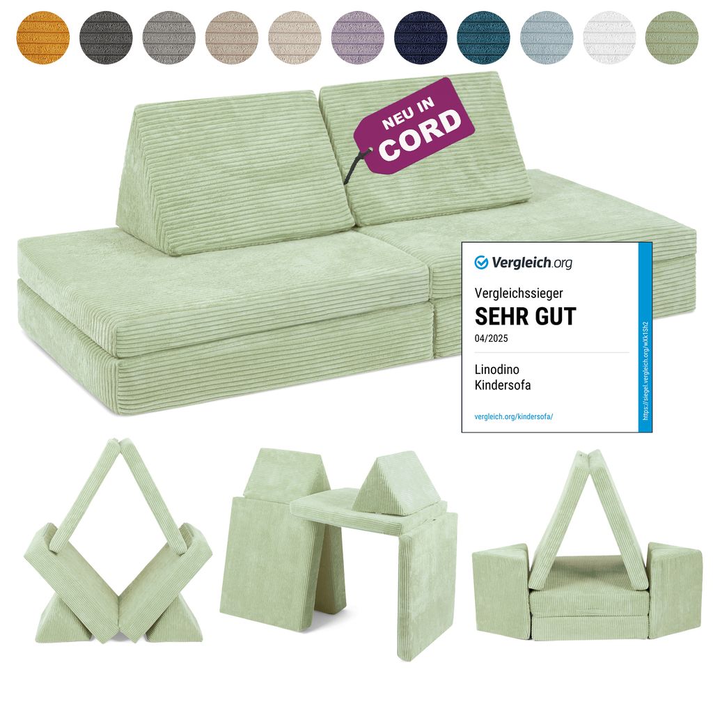 Linodino Spielsofa Cord - Kindersofa | Kinder Couch als Kuschelecke und Indoor Spielplatz | Kinder Sofa aus Schaumstoff Bausteinen I Avocado Grün