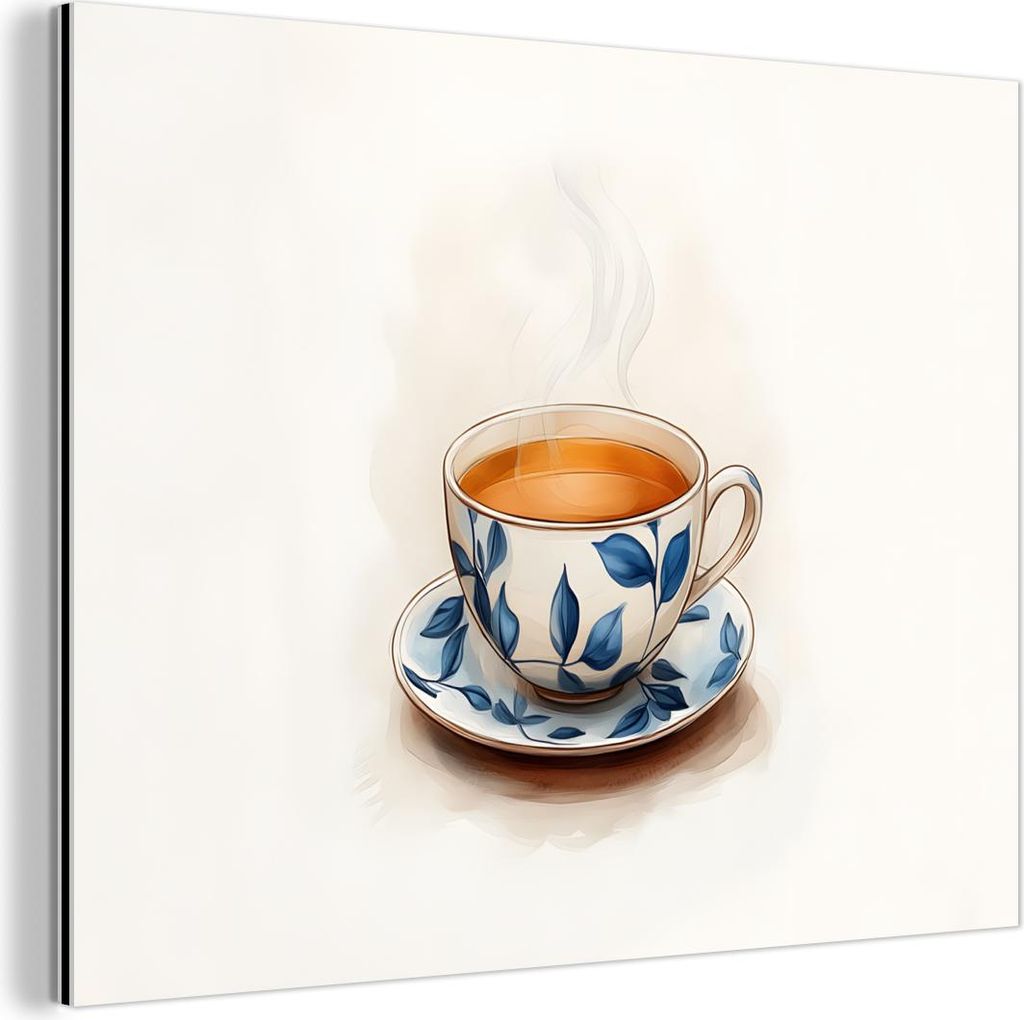 MuchoWow Wanddekoration Metall Metallbild Wandkunst 40x30 cm Teetasse - Blätter - Blau MuchoWow Aluminium Gemälde - Dekoration Wohnzimmer