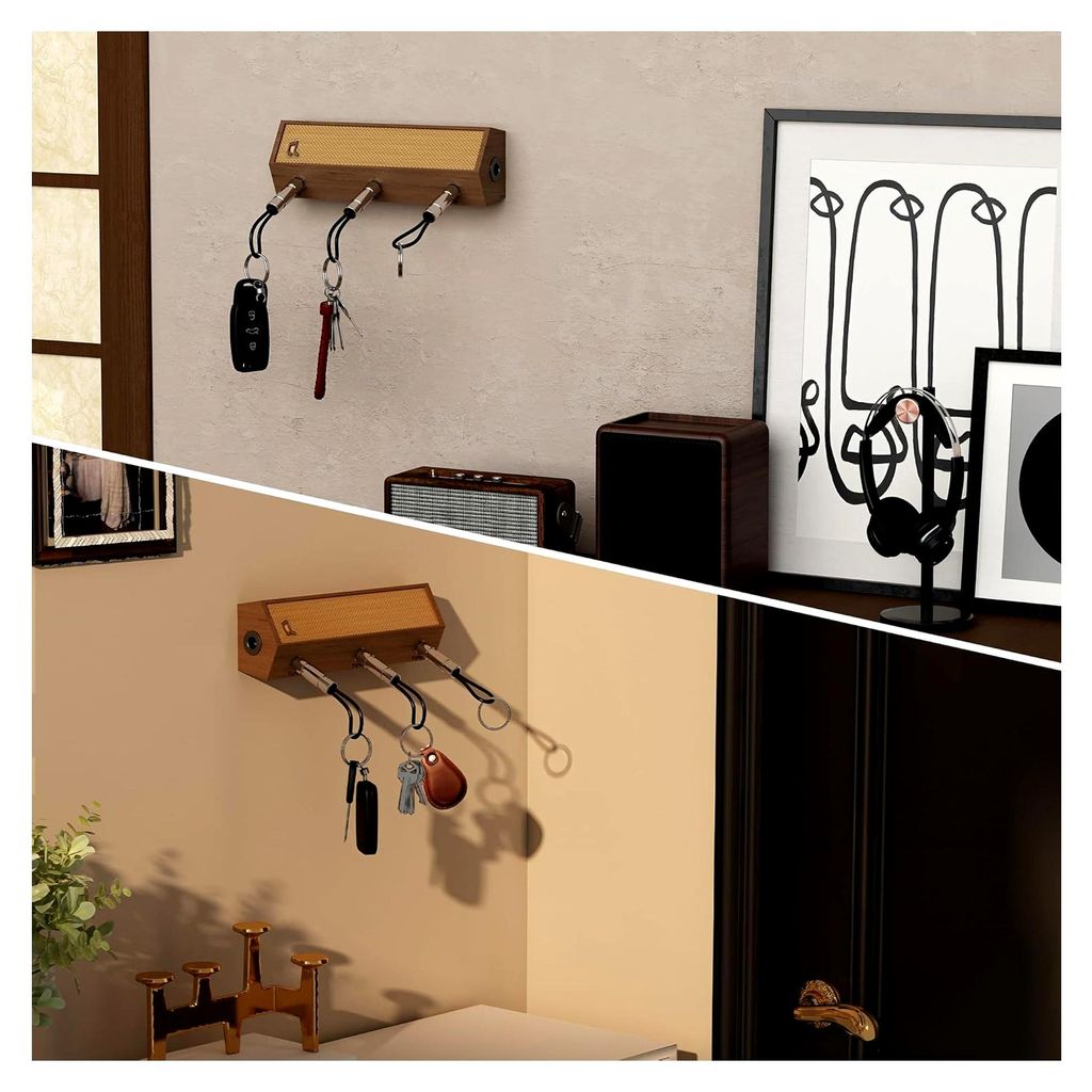 Wandhalterung für Schlüssel im Gitarrenverstärker-Stil aus Massivholz, mit 3 Gitarrenstecker-Schlüsselanhängern, Geschenk für Musikliebhaber ...